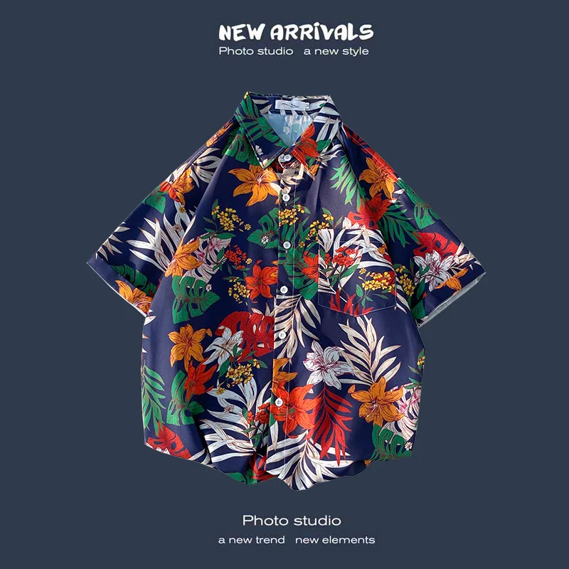 Summer Short Sleeve Shirt Men's Beach Super Hot Fragmented Flower Korean Version Loose Couple Luxury Design Half Sleeve Shirt 2023 new summer shorts shirt men beach super hot print korean version loose couple luxury design thin polo neck short sleeve set