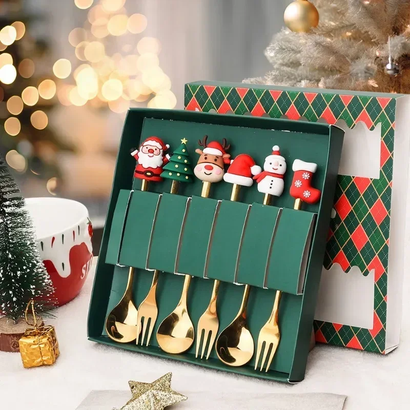4PCS/6PCS Christmas Gift Elk Christmas Tree Dessert Spoon Cutlery Spoon Fork Set Fruit Fork Coffee Cutlery Gift