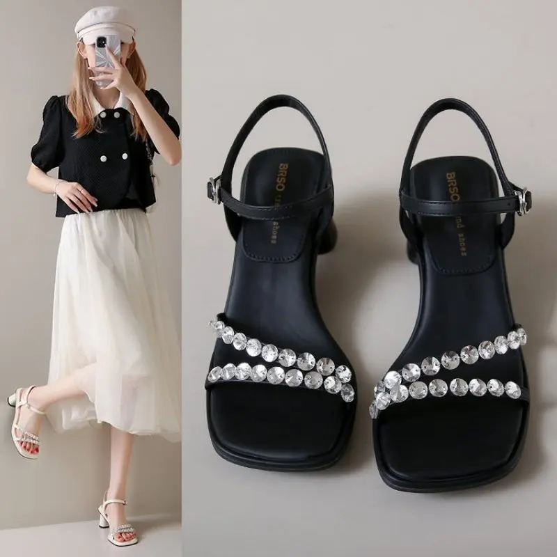 Women's Sandals 2024 Summer New White PU Square Toe Crystal Strap Buckle High Heels Acrylic Stiletto Fashion Party Women Shoes