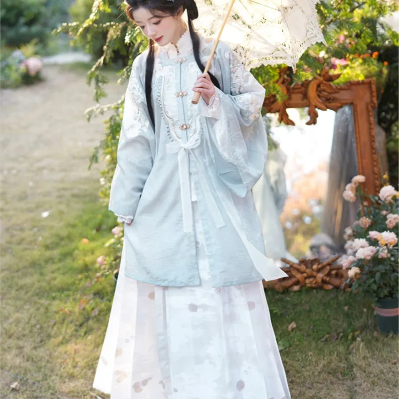 New Chinese Style Embroidered Square Collar Placket Hanfu Long Robe Ming Women