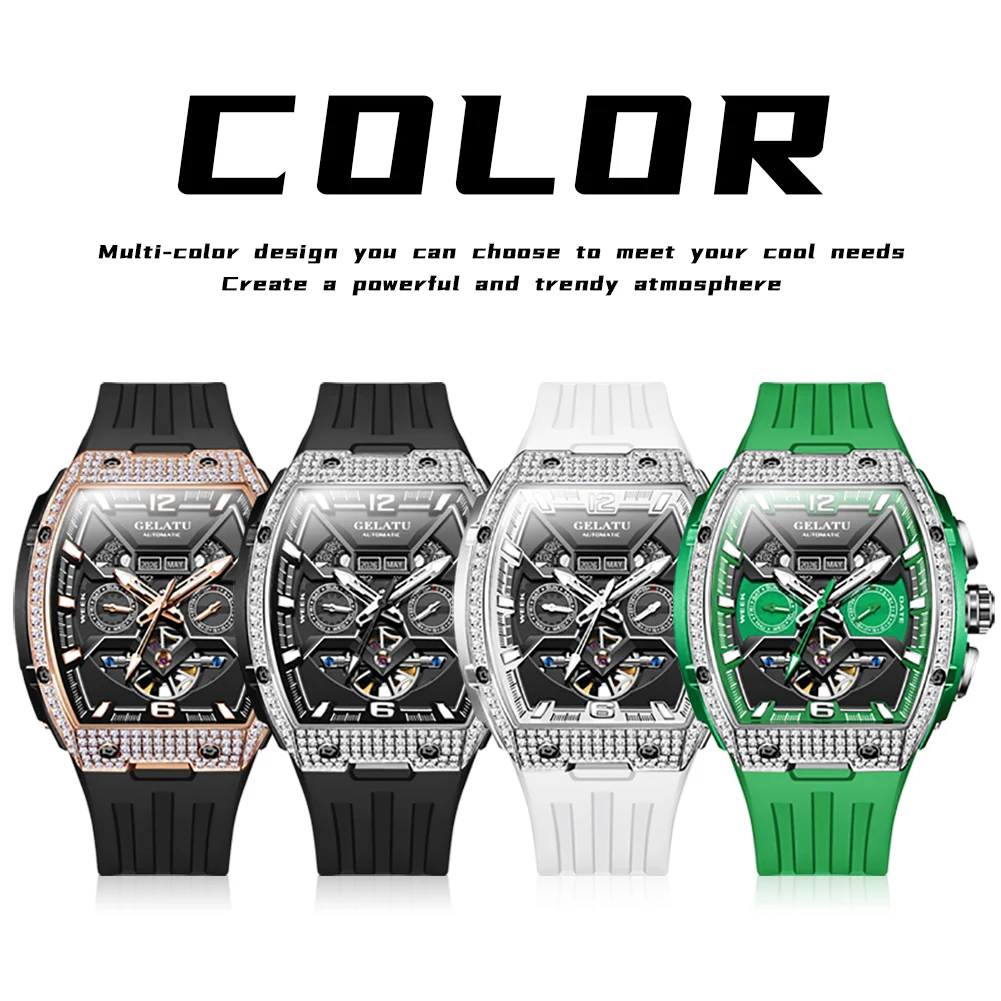 GELATU Full Diamond Men's Watches Flywheel Design Dual Calendar Automatic Mechanical Watch for Men TOP Brand Original Wristwatch