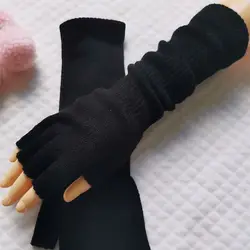 Unisex Knitted Pure Black Autumn Winter Elbow Long Arm Warmers Work Gloves Half Finger Gloves