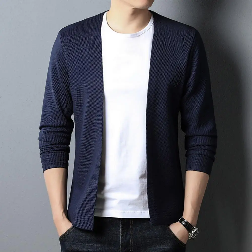 

Soft Warm Men Coat Men Solid Color Coat Stylish Men's Spring Fall Cardigan Solid Color Long Sleeve Elastic Open Stitch for Thin