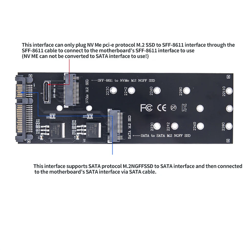 M.2 SSD 확장 카드, NVMe SSD에서 PCI-e SFF-8611 PCIe M2 어댑터 컨버터, NGFF SATA M.2 SSD에서 SATA 라이저용, 2 in 1 M.2