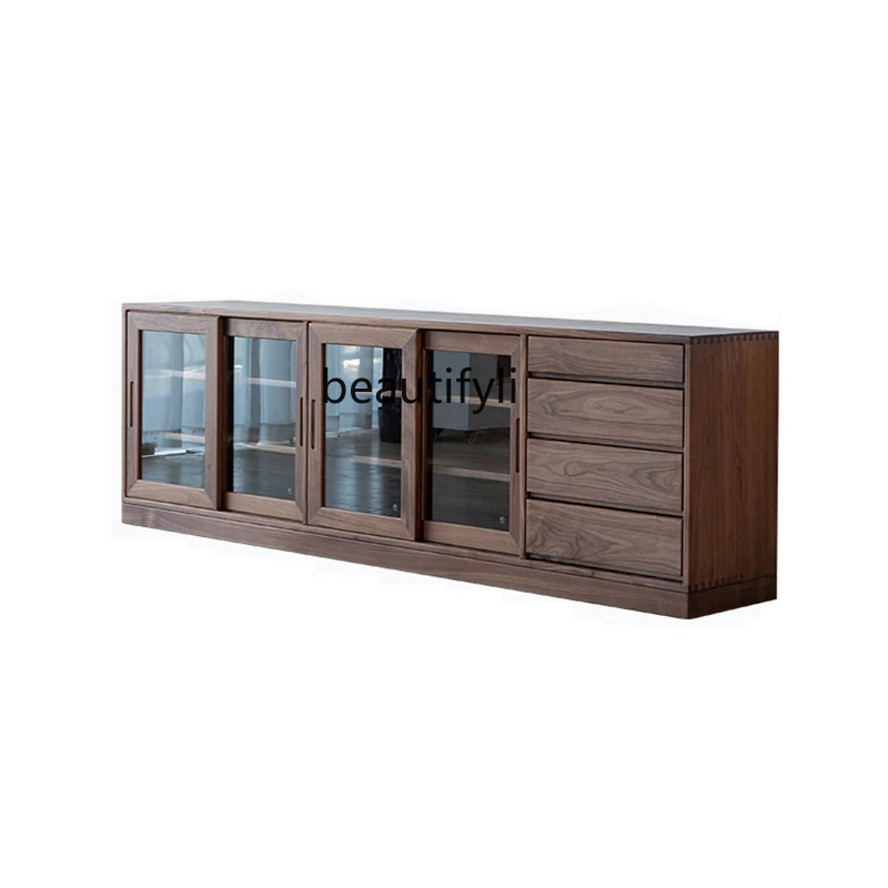 

Nordic Black Walnut Wooden Bookcase Solid Wood Combination Dustproof Glass Floor Storage Cabinet Sideboard Cabinet Low Cabinet