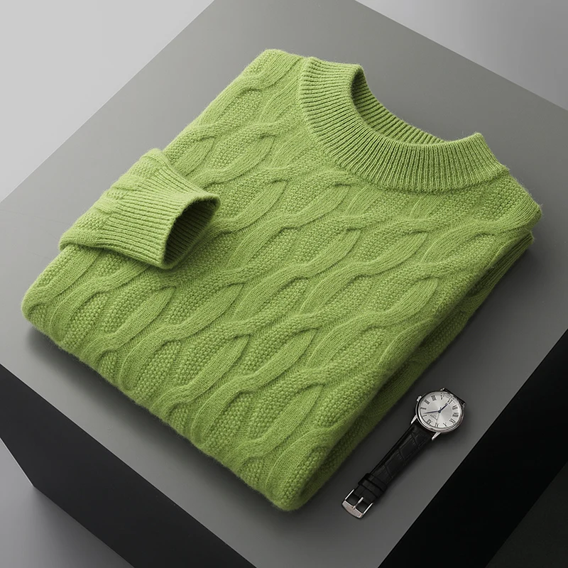 Autumn and winter new thick 100% wool cashmere sweater men's semi-high neck twisted pullover plus size coat casual knit top 2