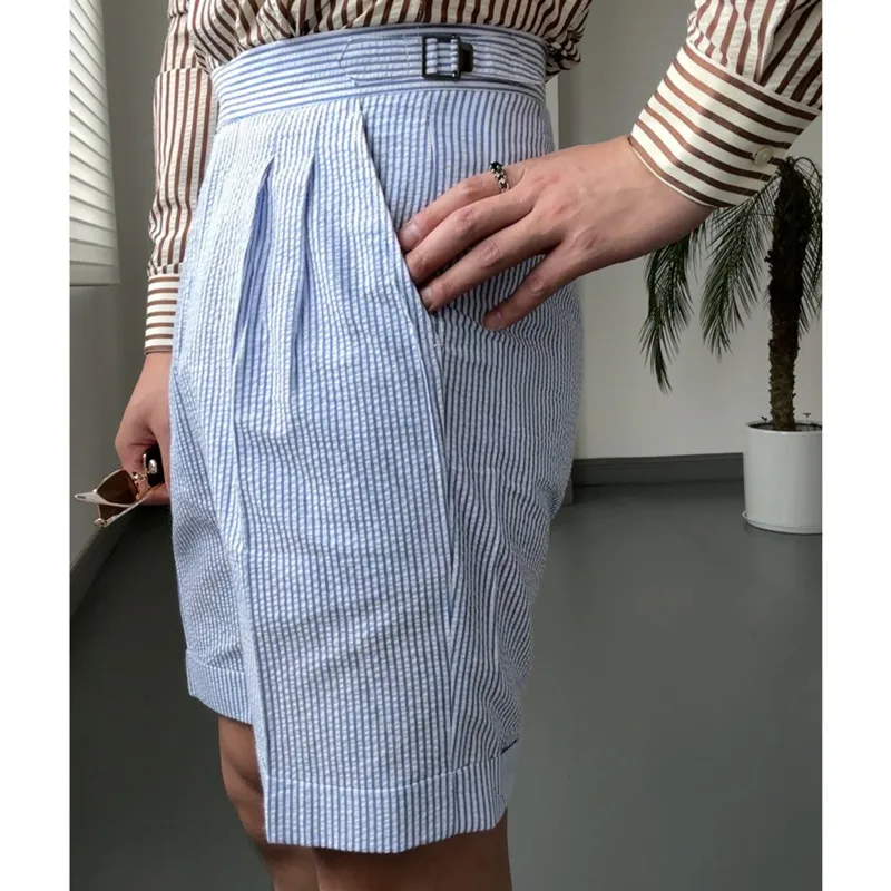 Summer Men British Straight Naples Men Ropa Hombre Short Pant Striped Seersucker Casual Shorts Men Suit Short Pantalones Homme 4