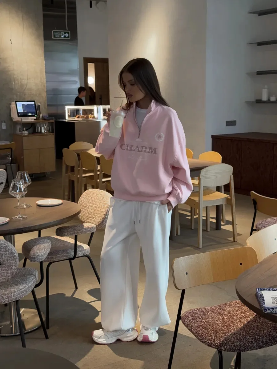 European Retro Badge Letter Printed Half-Zip Lapel Sweater Y2K Fashion Personality Casual Simple Style Sports Women's Streetwear