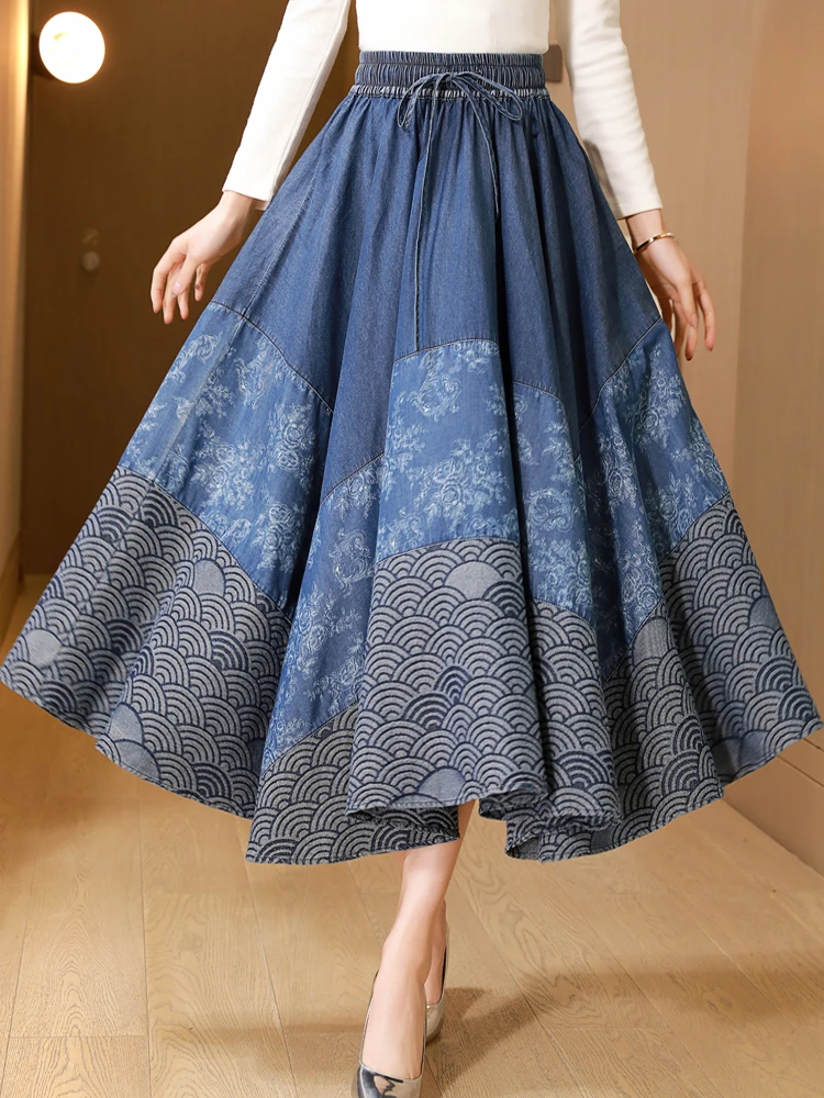 TIYIHAILEY Long Maxi Denim Jeans Skirts Women Chinese Style Spring Autumn Elastic Printed 2026 New A-line Patchwork Big Hem