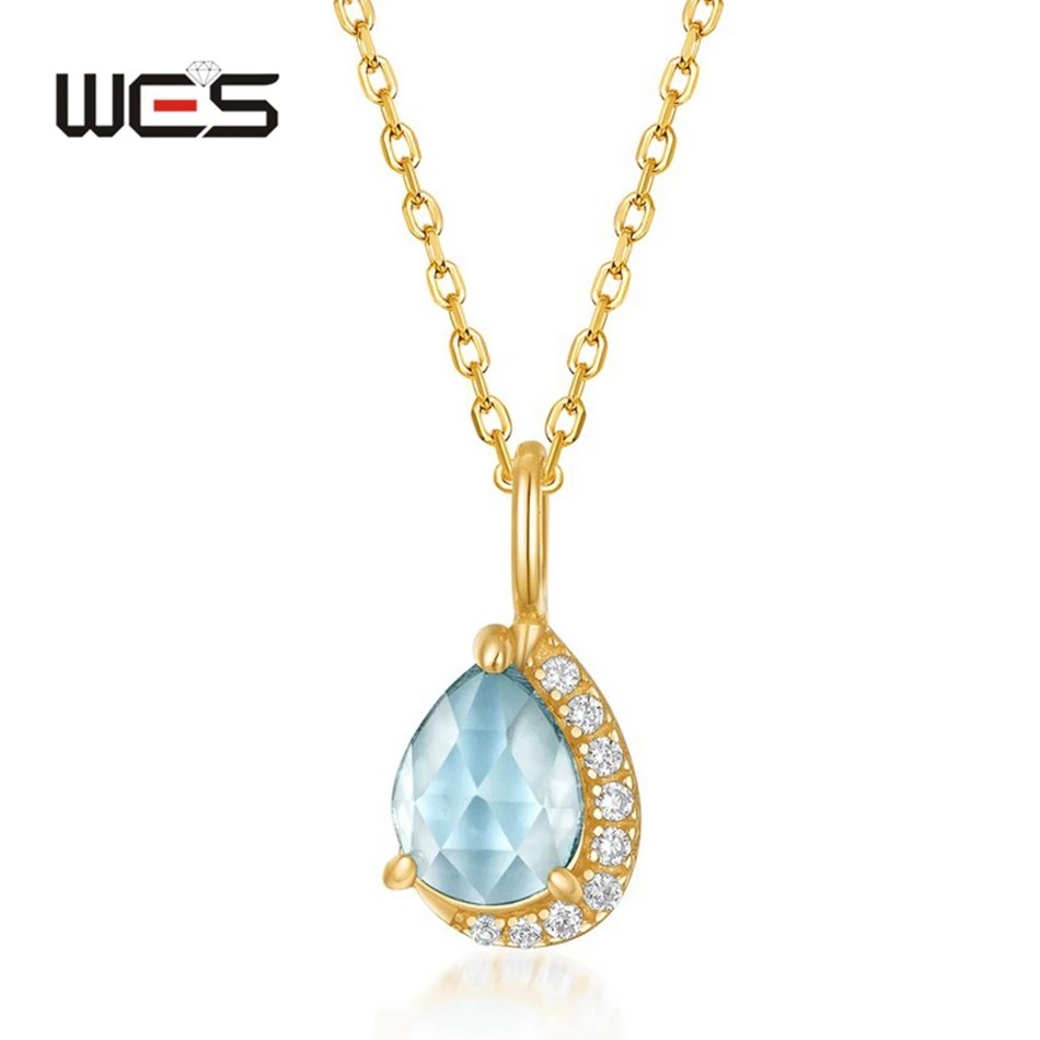 

WES 925 Sterling Silver Pendant Necklace for Woman 6*8mm Topaz Gold Plated Anniversary Party Wedding Gifts Certified Jewelry
