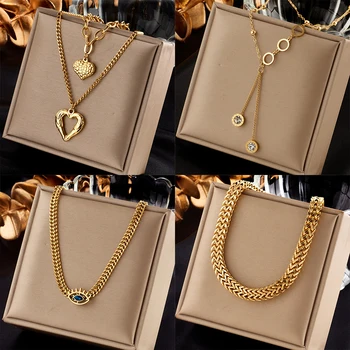 Colar de Pingente de Aço Inoxidável com Olho do Coração e Numerais Romanos em Cor Dourada