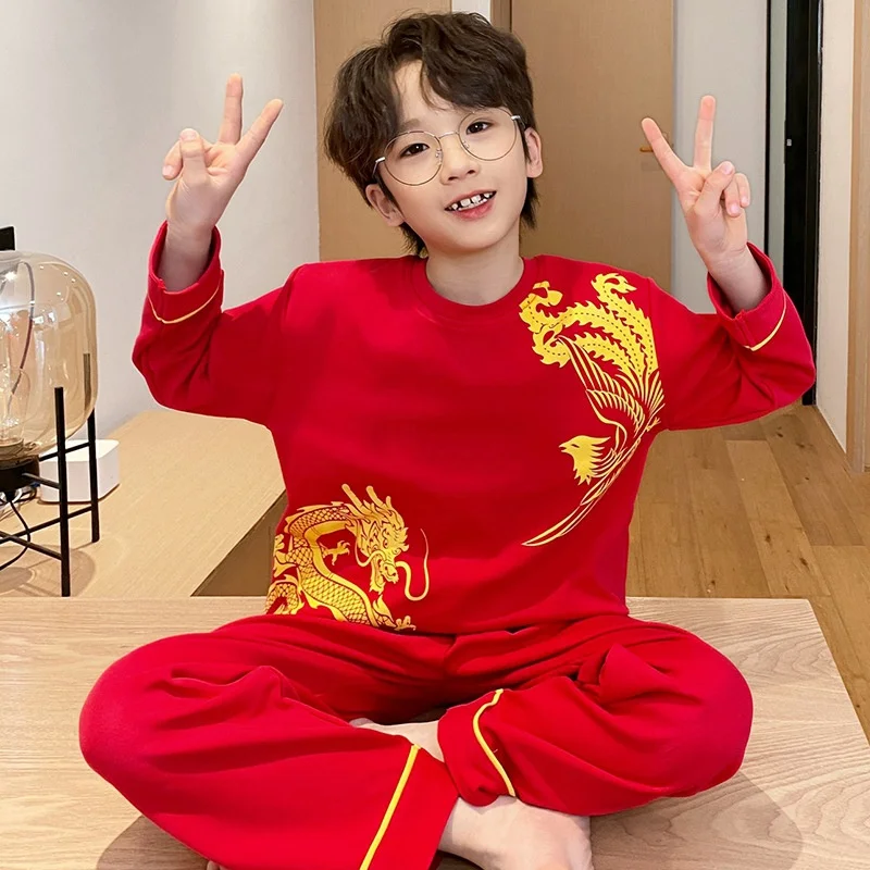 Spring Autumn Children Pajama Set Cute Cartoon Loose Comfortable Red Long Sleeves Trousers Children's Lounge wear