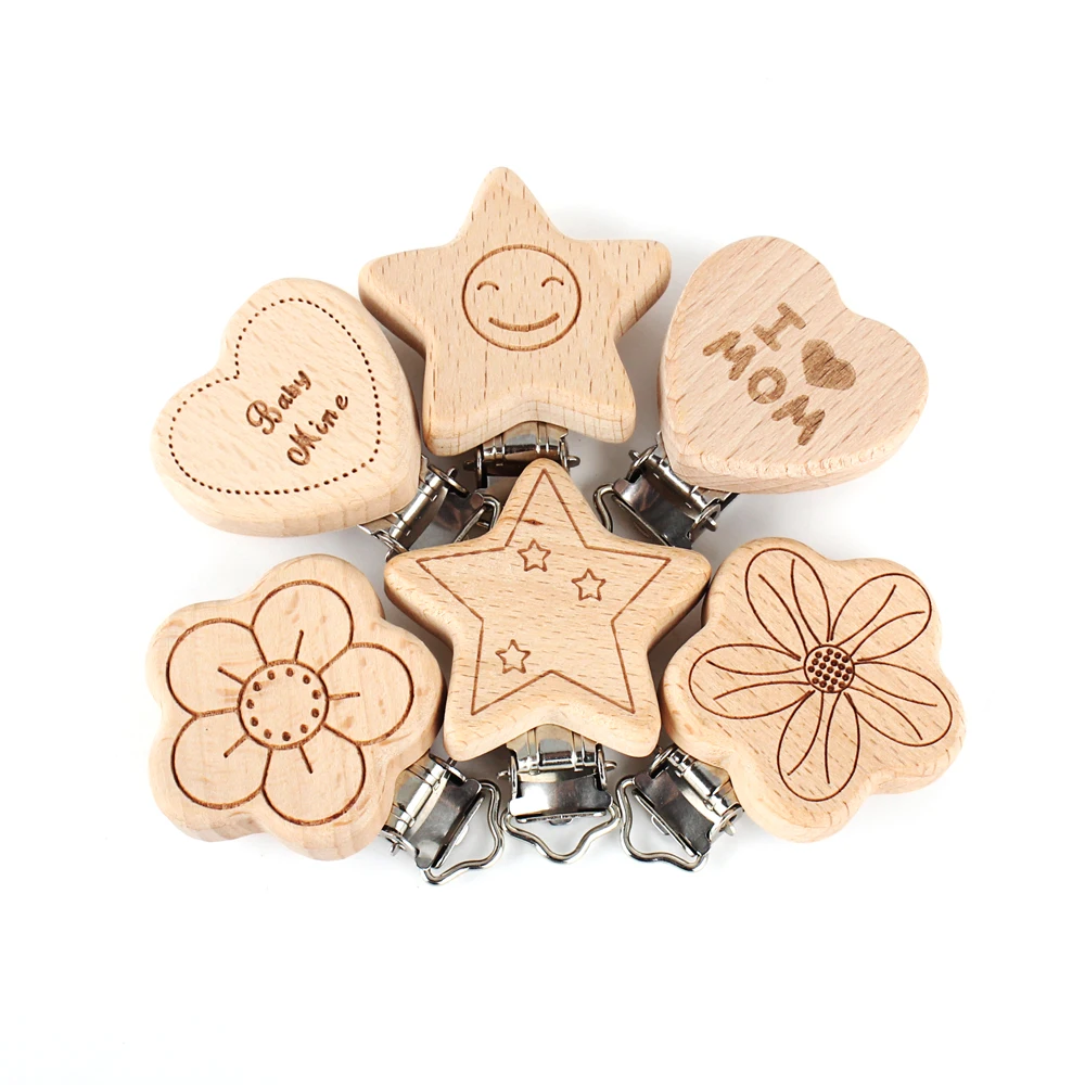 1pc Wooden Pacifier Clip Baby Dummy Clip Food Grade Natural Beech Animal Shape DIY Accessories