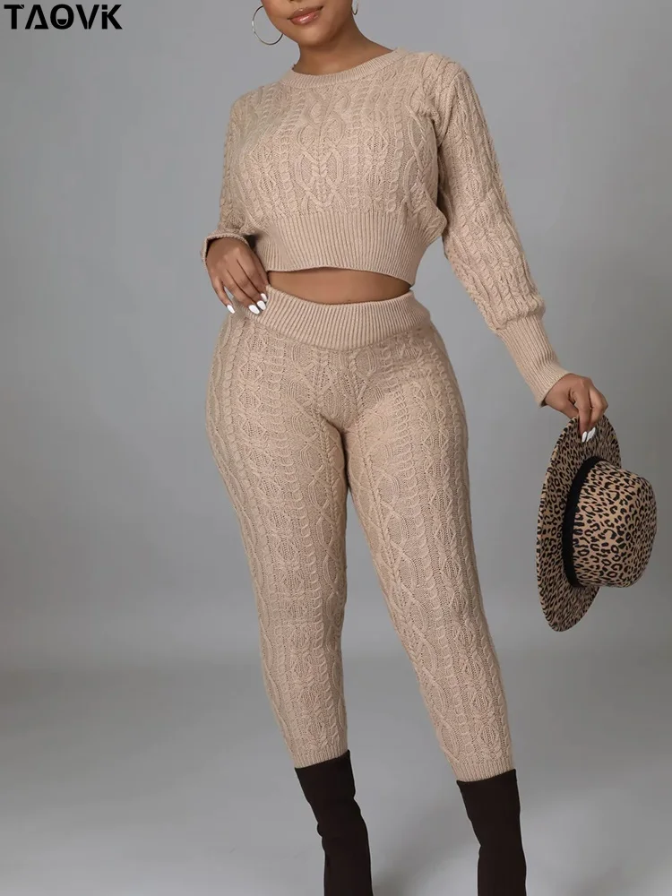 

TAOVK Women Sweaters Pants Two Pieces Sets Casual O-neck Criss Cross Long Sleeve Crop Top Pullovers+ Pencil Trousers Knit Suits