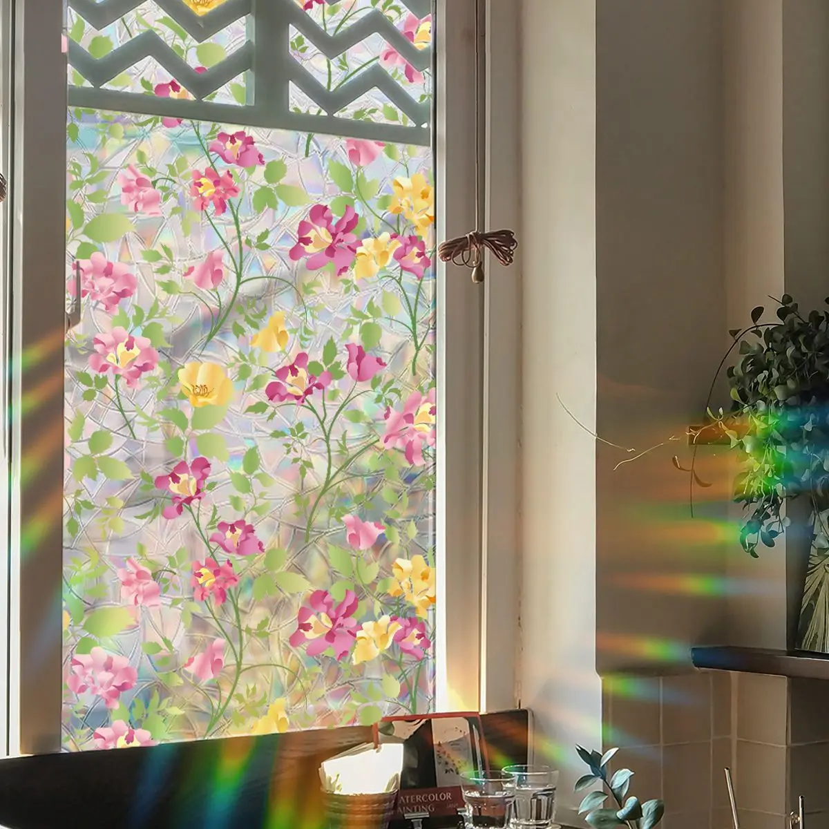 Reusable Static Cling Window Stickers 100cm Colorful Flower Decals 2-Sided View Sunlight Effects Glass Decor for Home/Shop