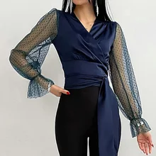 

New Fashion Women Blouse Casual Mesh See-through Long Sleeve Lace Patchwork Bow Tie Pullover V-neck Slim Spring Blouse For Lady
