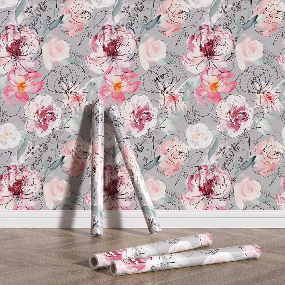 New Watercolor Peel And Stick Flower Decorative Paper Wall Adhesive Waterproof Durable PVC Grey Background Mural Wallpaper