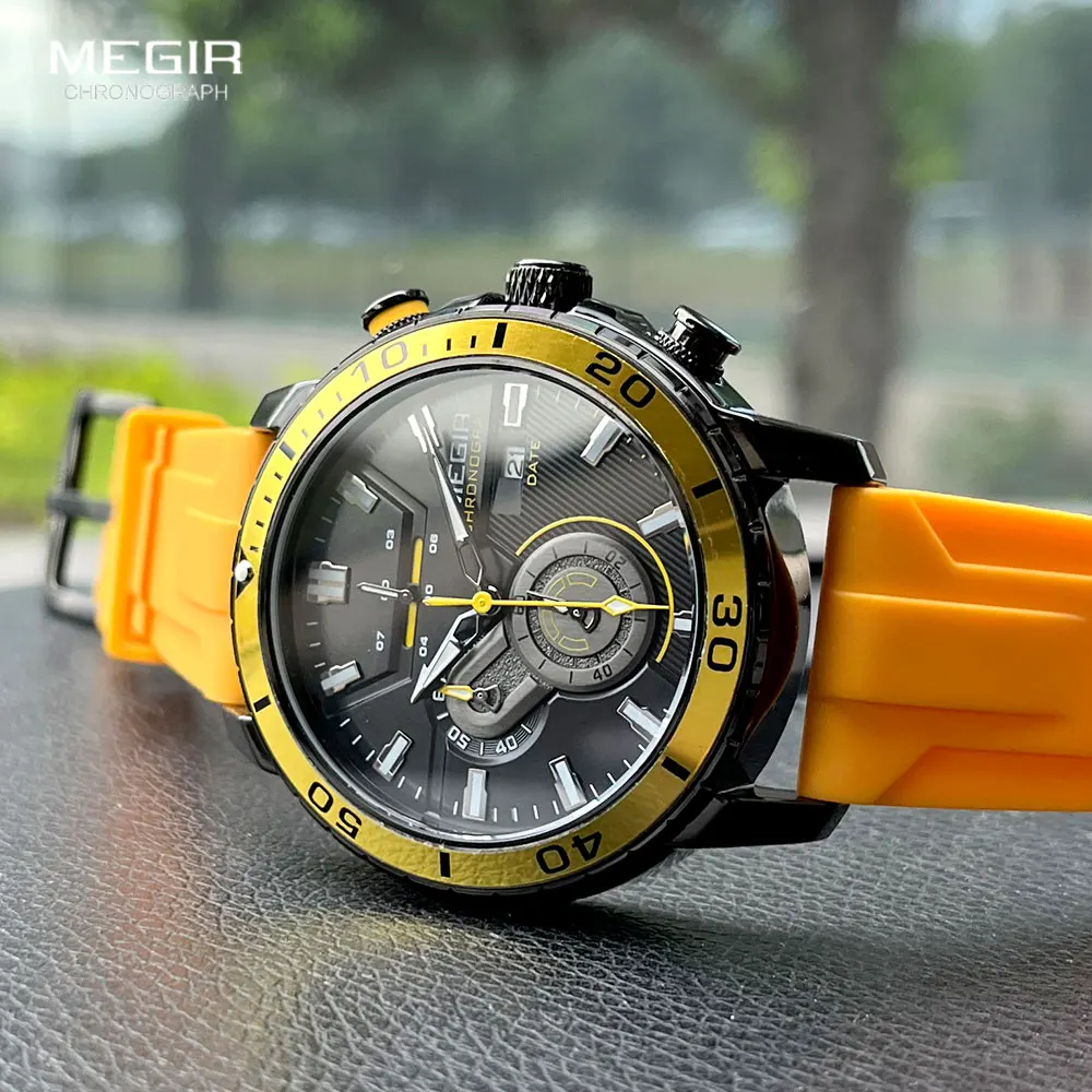 MEGIR Orologio Sportivo Uomo Al Quarzo - Cronografo Luminoso Con Cinturino In Silicone Arancione