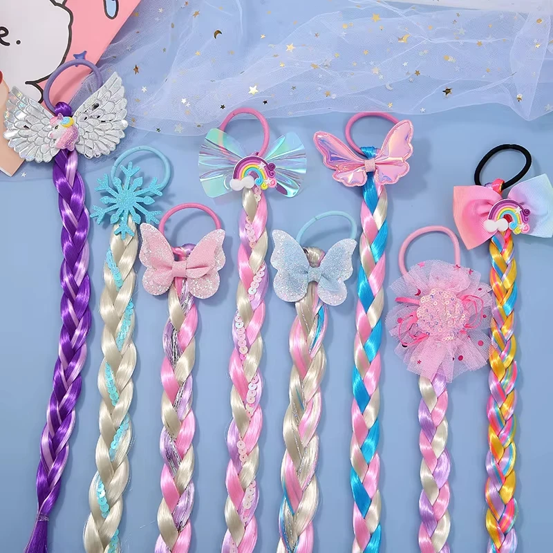 Baby Cute Wigs Ponytail for Kids Girl Candy Cartoon Unicorn Butterfly Bow Ponytail Hair Ornament Rubber Bands Headwear Braid
