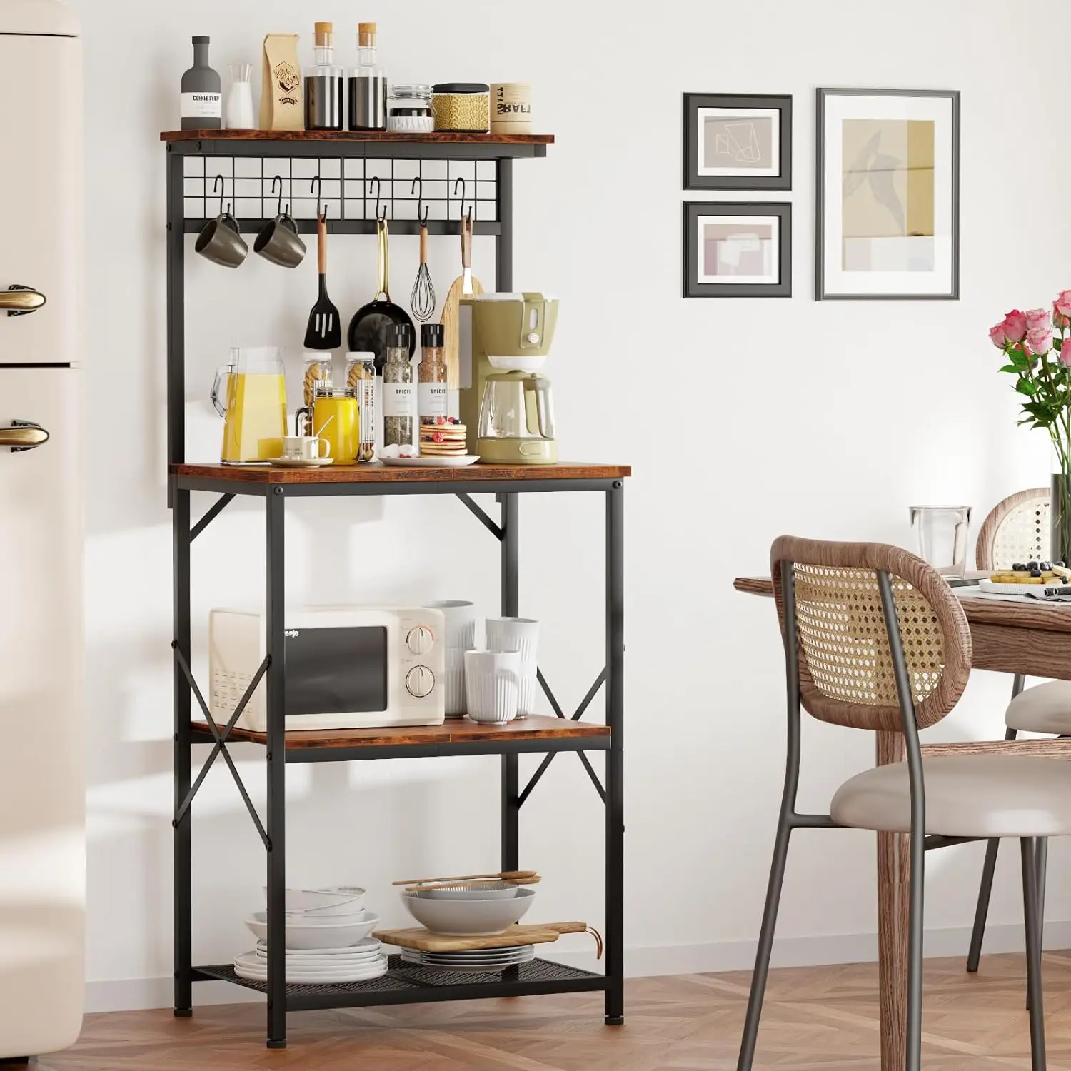 Kitchen Bakers Rack with Hutch, Coffee Bar Station 4 Tiers, Microwave Oven Stand with 6 S Hooks and Pegboard, Kitchen Microwave 3