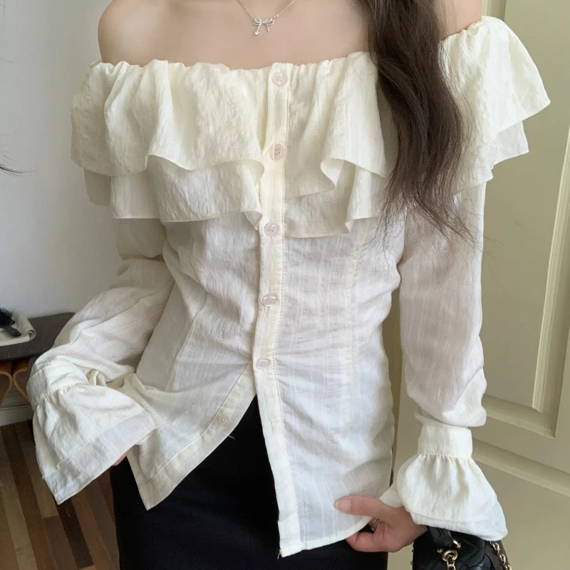 New French Gentle Style One Shoulder Fall Fashion Commuter Long Sleeve Shirt Lady 280