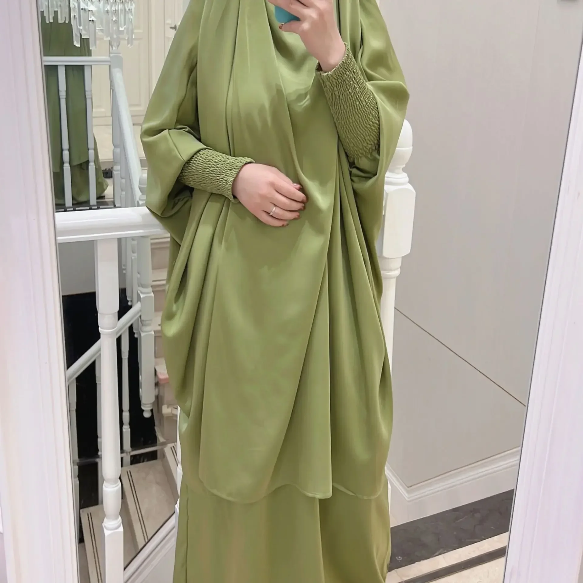 Satin Khimar Abaya Set for Women Jilbab 2 Piece Islamic Abayas with Skirt Ramadan Eid Muslim Prayer Clothes Dubai Turkey Niqab