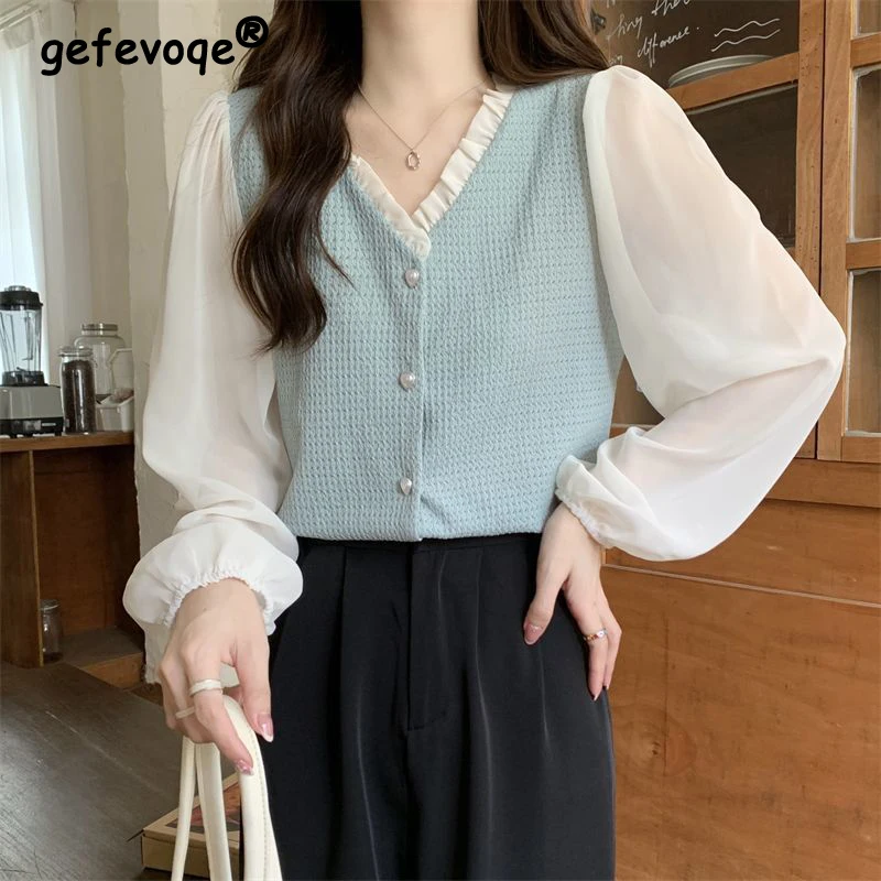 

Women Trendy Ruffled Patchwork Sweet Chic Button Up Shirt Spring Autumn Korean Chic Blouse Female V Neck Long Sleeve Tops Blusas