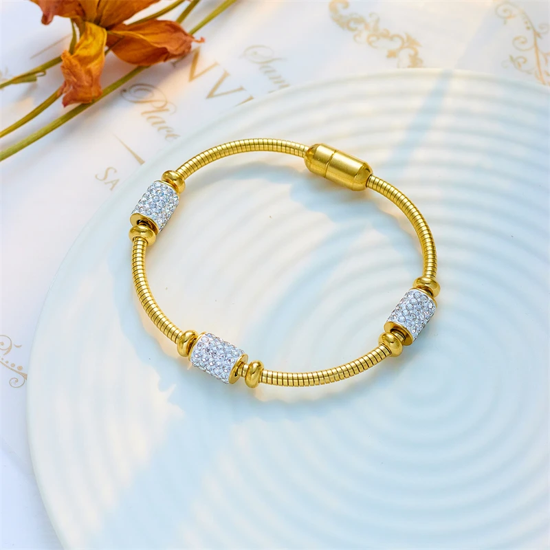 Stainless Steel Gold Color Zirconia Beaded Bracelet For Women Fashion Girls Magnet Clasp Snake Chain - Image 4