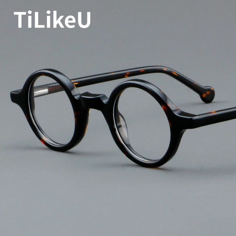 

New Acetate Men Glasses Frame Luxury Wood Grain Legs Retro Round Tortoiseshell Eyeglass Fashion Women Optical Flat Glasses Frame