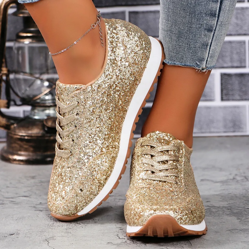 Women's Gold Glitter Sneakers - Sequins, Lace Up Platform Wedge, Comfortable Casual Shoes - View #9