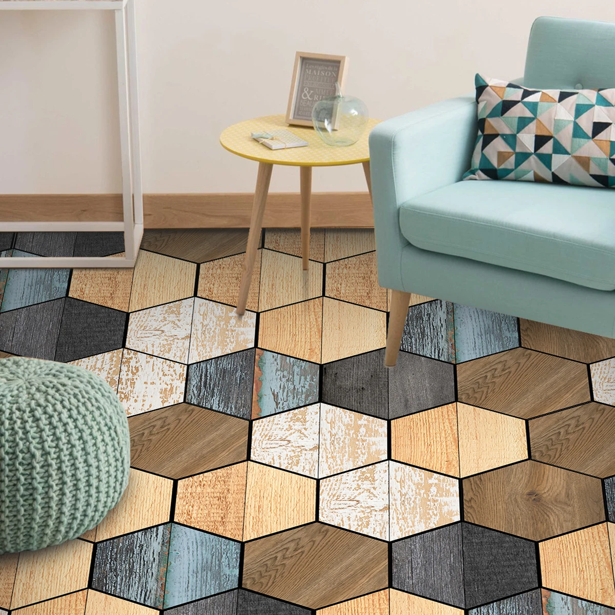 1 set of 11PCS Wood Grain Hexagonal Floor Stickers Waterproof Anti-slip Floor Stickers