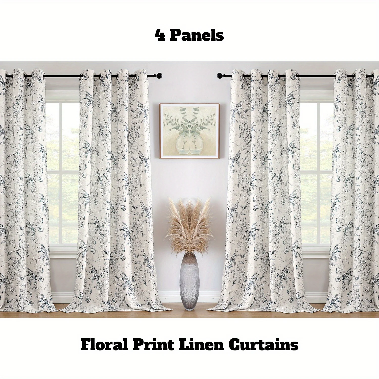 4 Panels Floral Print Linen Curtains for Living Room Drapes Privacy Linen Fabric Window Treatment Curtains for Farmhouse Decor P 2