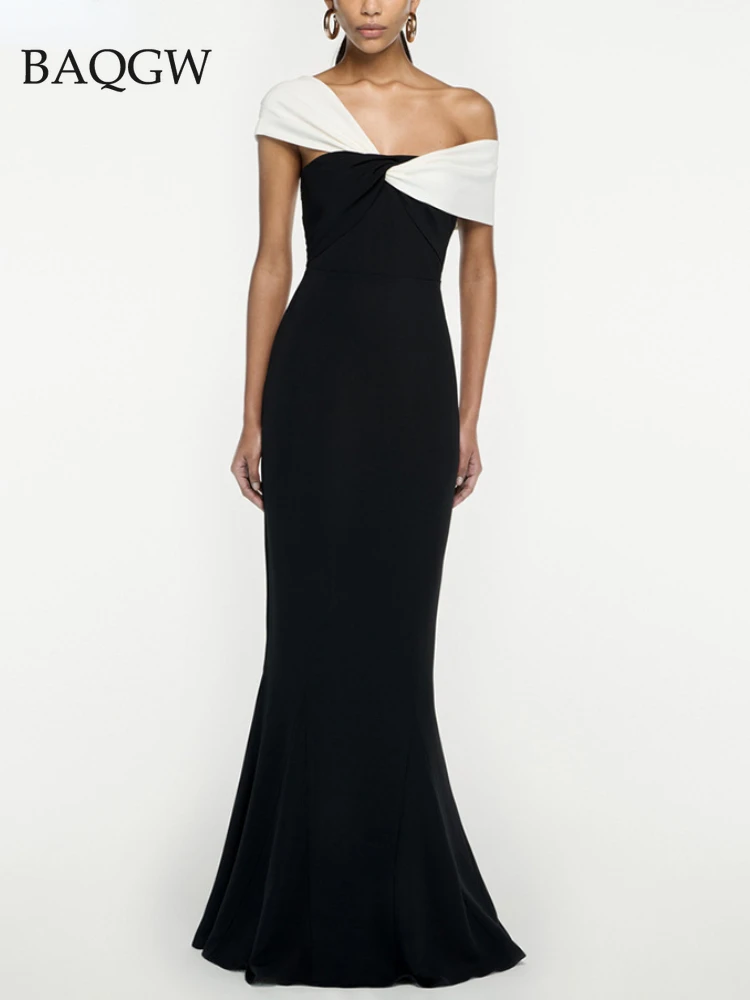 

Women Sleeveless Designer Maxi Long Dress for Wedding Elegant One Shoulder Color Block Luxury Gowns Celebrity Evening Dresses