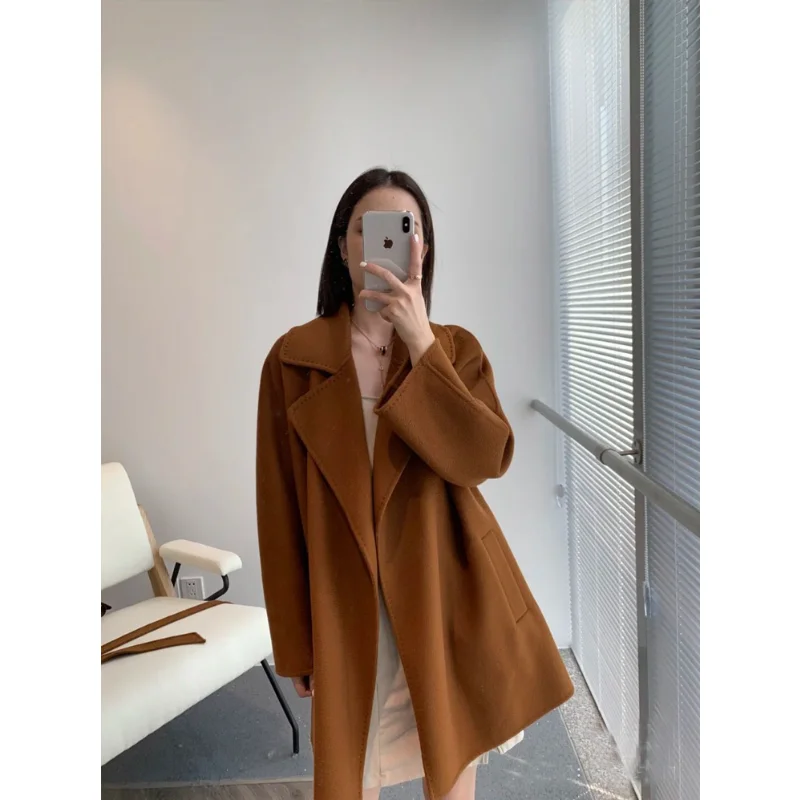 Casual Cropped Double-sided Cashmere Water Ripple Coat Women Autumn Winter Wool High-end Tweed Lace-up Wool Female Outerwear double sided sanding nude feeling new line yoga pants running fitness cropped pants sweatpants women