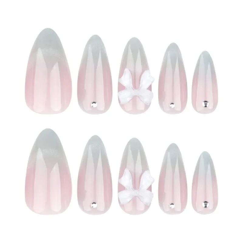 Fake Nails French Nails False Nails 24pcs Sweet Cat's Eye Almond Press-On Nails 3D Bow and Rhinestone Embellishments Full Coverage for Women