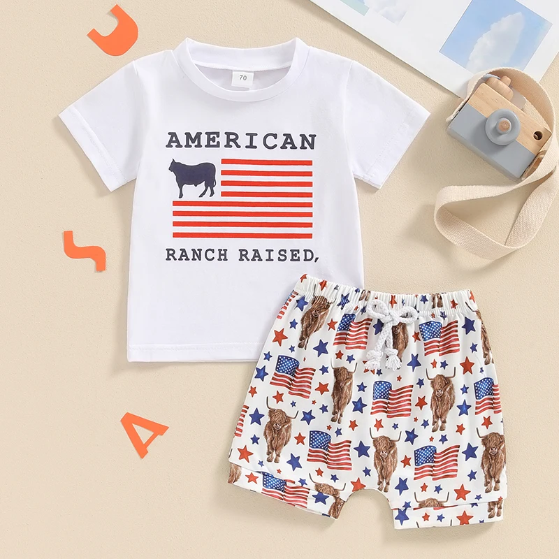0-3Y Toddler Baby Boy 4th of July Outfits Short Sleeve Tops + Cow Print Shorts Set Western Clothes 4