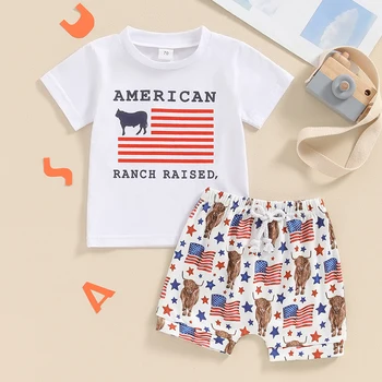 0-3Y Toddler Baby Boy 4th of July Outfits Short Sleeve Tops + Cow Print Shorts Set Western Clothes 4