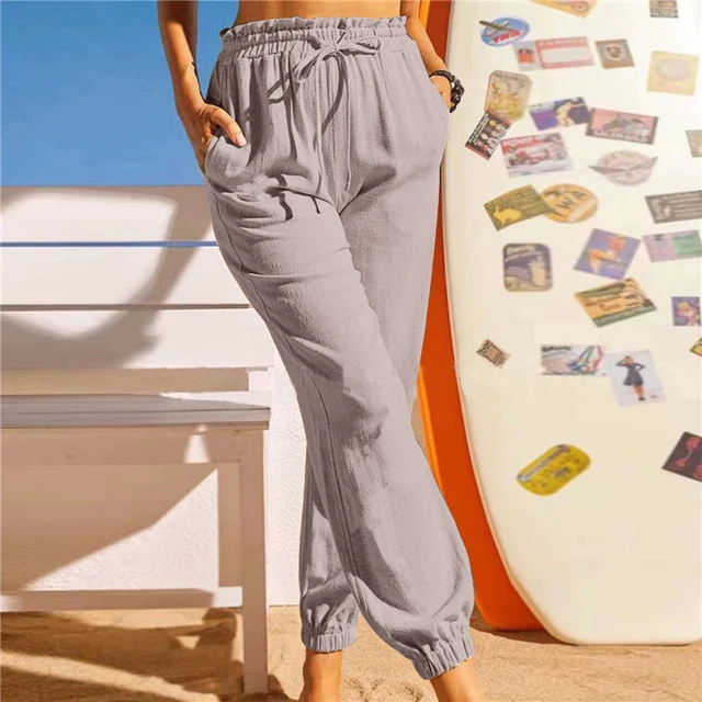 Women's Pants Loose Solid Elastic Waist Pocket Harem Pants Cotton Linen  Vintage Boho Beach Trousers High Waist Haren Pants Women