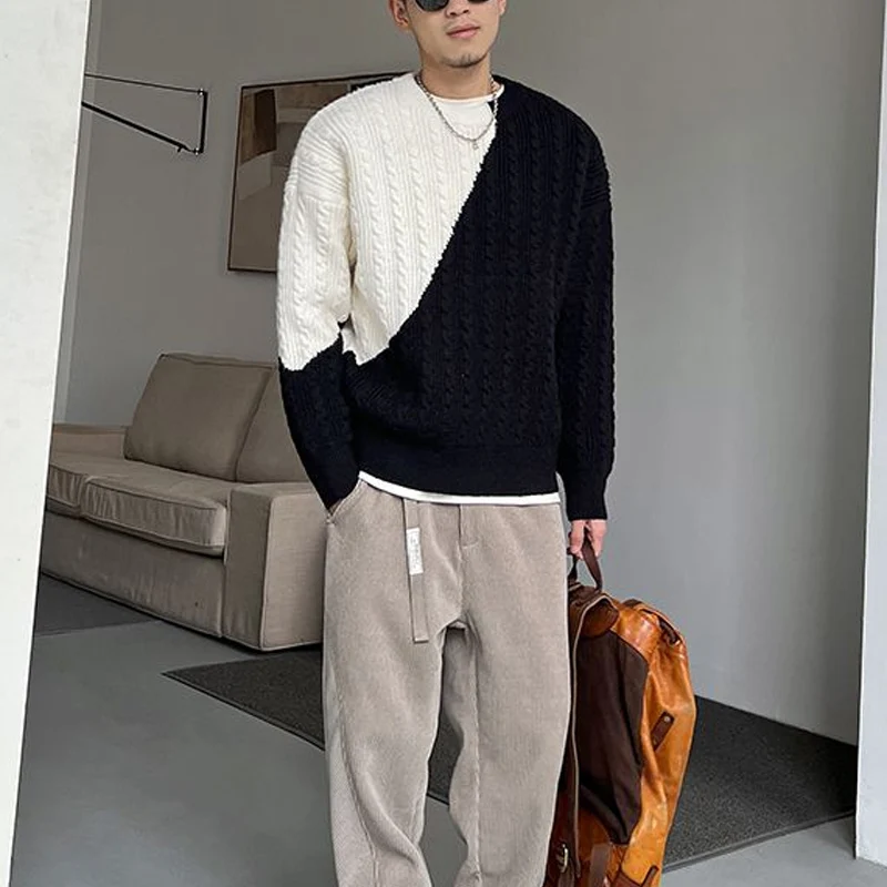 Autumn Winter New Contrast Color Fashion Long Sleeve Sweater Man High Street Loose Jacquard Weave All-match Youth Y2K Pullovers
