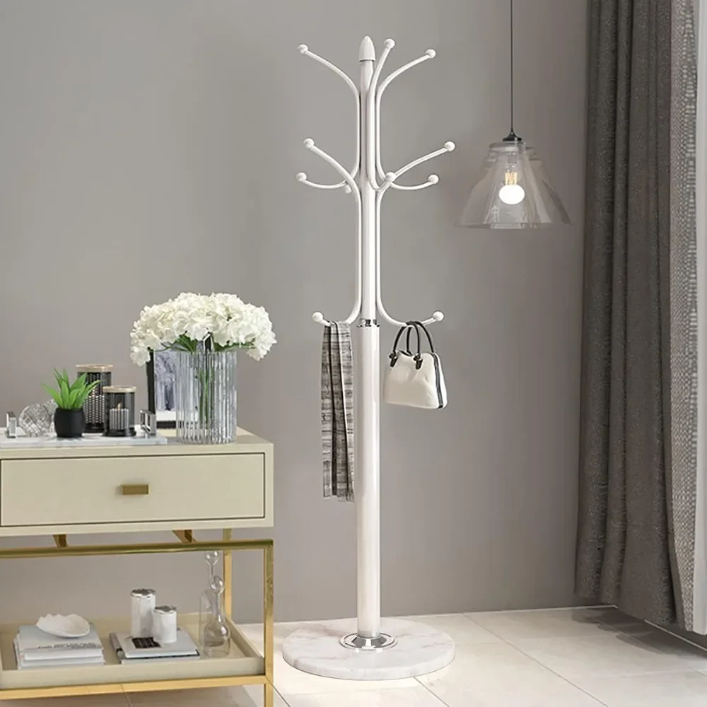 Metal Coat Rack Stand with Natural Marble Base, Free Standing Hall Tree with 12 Hooks for Hanging Scarf, Bag, Jacket