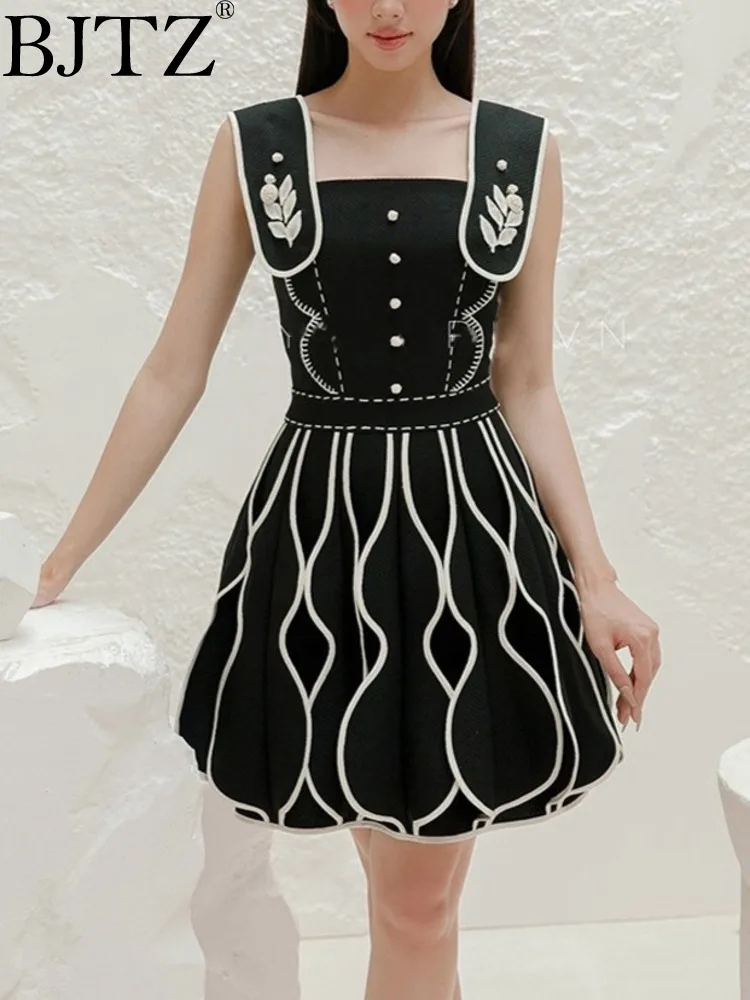 

BJTZ Black White Contrasting 3D Flower Bud Black Skirt For Women 2024 Spring Summer New A-line Female Clothing HL159
