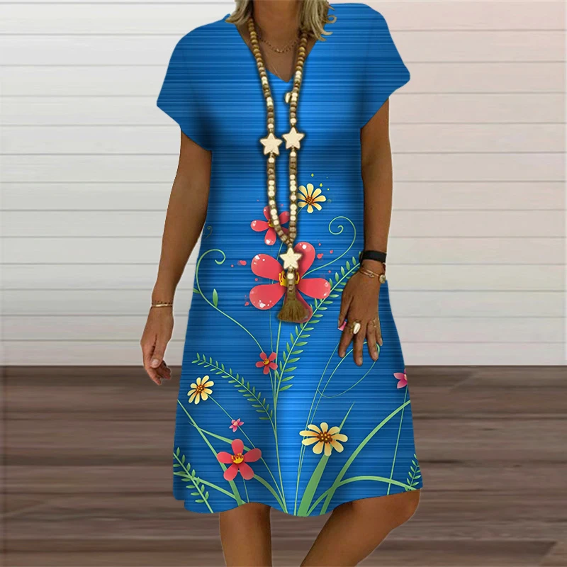 Abito con stampa vegetale di fiori rosa abbigliamento donna