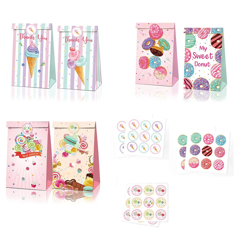 아이스크림 테마 선물 가방, 생일 파티, 웨딩 롤리팝, 도넛 선물 가방, 감사 선물 종이 가방, 여름, 12 개/세트 