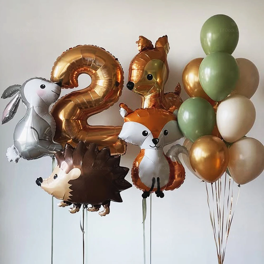 19-teiliges Igel-Hirsch-Fuchs-Kaninchen-Ballonset Goldene Zahlenballons Waldtiere Happy Birthday Party Dekorationen