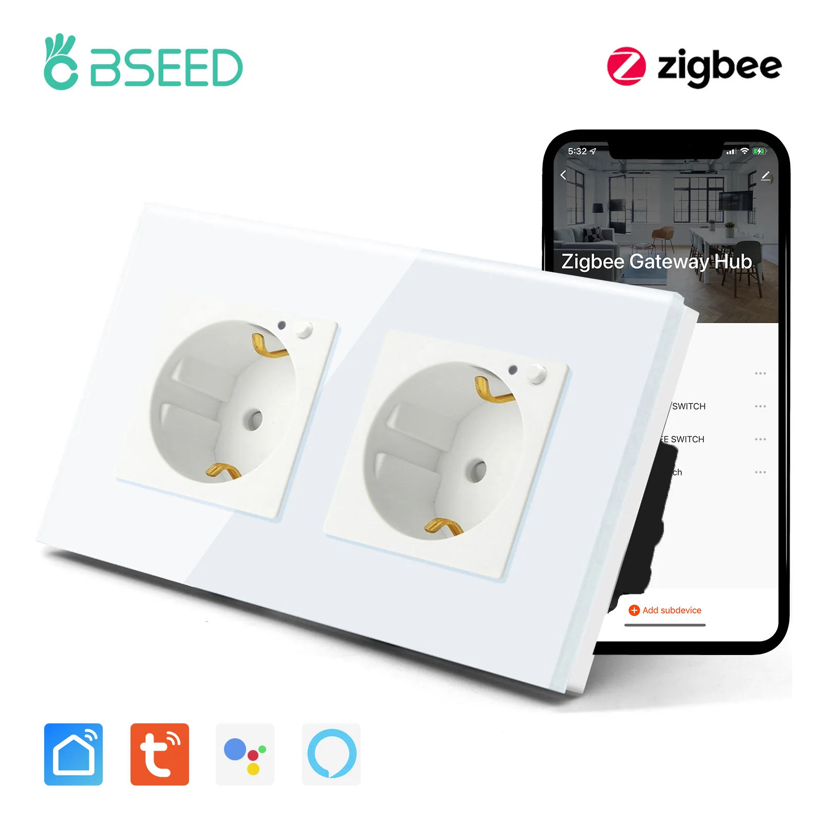 Bseed Zigbee Wall Socket Eu Standard Double Sockets White Black Crystal