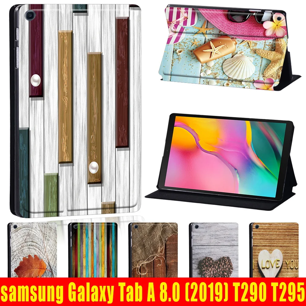 

New Leather Cover Case for Samsung Galaxy Tab A 2019 T290 T295 8.0 Anti-Dust Wood Pattern Series Flip Tablet Case + Free Stylus