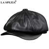 LA SPEZIA Black Newsboy Hats For Men Genuine Cowskin Leather Octagonal Cap Male Autumn Winter Fitted Vintage Duckbill Hats Beret 1