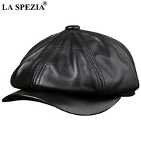 LA SPEZIA Black Newsboy Hats For Men Genuine Cowskin Leather Octagonal Cap Male Autumn Winter Fitted Vintage Duckbill Hats Beret 1