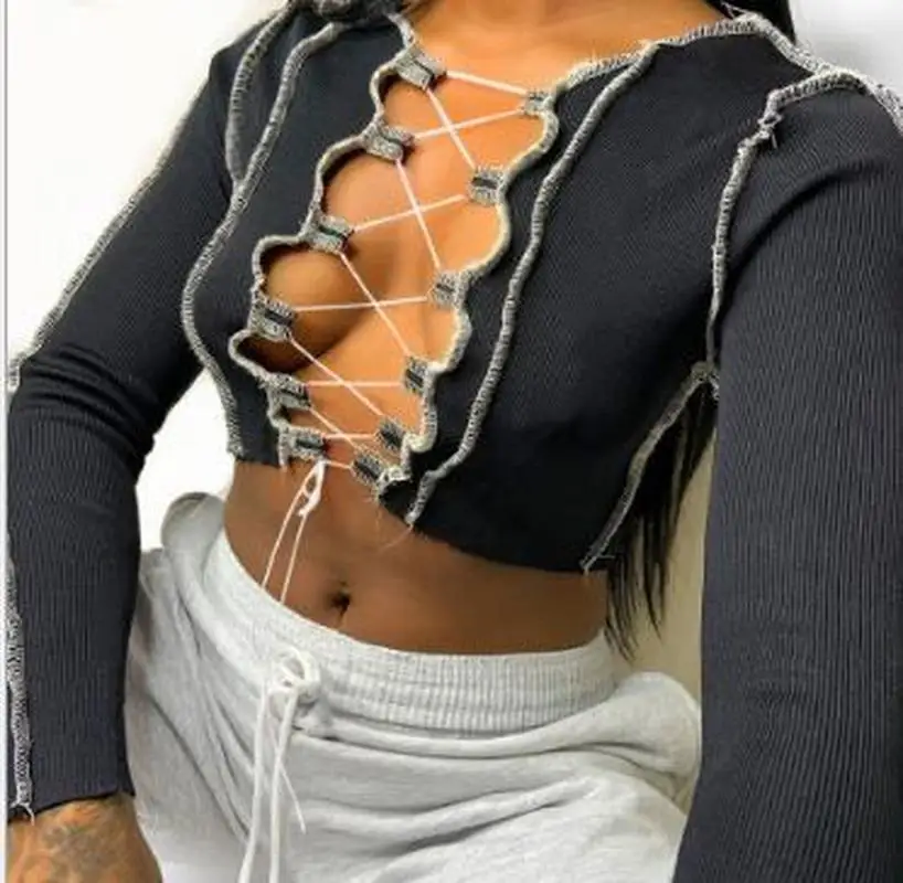 

Fashion Sexy Chest Bandage Long-sleeved Personality Hollow Autumn Festival Nightclub Dress Street Dress Female Jacket