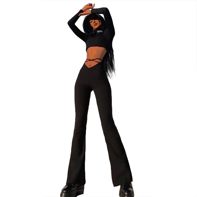 2024 Spring V-shaped Waist Cross Belt Flare Casual Pants Plus Size 5xl 6Xl 7xl 8xl 3xs-10xl